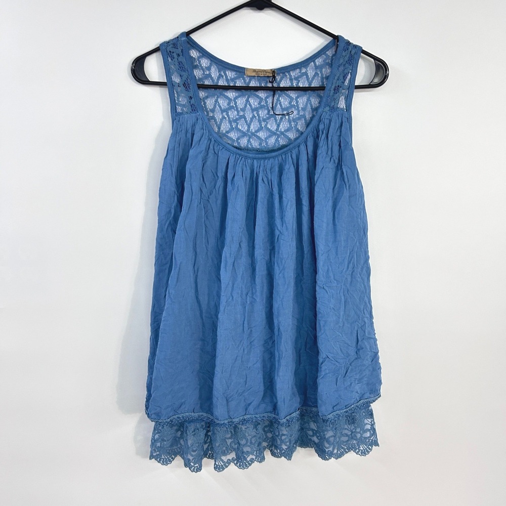Blue Lace Babydoll Tank Top XS Made Italy Boho Fairy Romantic Lagenlook Crinkle